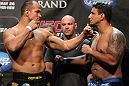 LAS VEGAS, NV - MAY 25:   (L-R) UFC Heavyweight Champion Junior dos Santos and challenger Frank Mir face off during the UFC 146 official weigh in at the MGM Grand Garden Arena on May 25, 2012 in Las Vegas, Nevada.  (Photo by Josh Hedges/Zuffa LLC/Zuffa LLC via Getty Images)