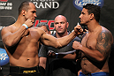 LAS VEGAS, NV - MAY 25:   (L-R) UFC Heavyweight Champion Junior dos Santos and challenger Frank Mir face off during the UFC 146 official weigh in at the MGM Grand Garden Arena on May 25, 2012 in Las Vegas, Nevada.  (Photo by Josh Hedges/Zuffa LLC/Zuffa LLC via Getty Images)