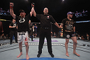 LAS VEGAS, NV - MAY 26:  Mike Brown (L) is declared the winner over Daniel Pineda (R) during a featherweight bout at UFC 146 at MGM Grand Garden Arena on May 26, 2012 in Las Vegas, Nevada.  (Photo by Donald Miralle/Zuffa LLC/Zuffa LLC via Getty Images)