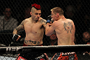 LAS VEGAS, NV - MAY 26:  Dan Hardy (left) punches Duane Ludwig during a welterweight bout at UFC 146 at MGM Grand Garden Arena on May 26, 2012 in Las Vegas, Nevada.  (Photo by Josh Hedges/Zuffa LLC/Zuffa LLC via Getty Images)