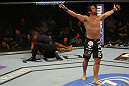 LAS VEGAS, NV - MAY 26:  Jamie Varner (R) reacts to his knockout victory of Edson Barboza during a lightweight bout at UFC 146 at MGM Grand Garden Arena on May 26, 2012 in Las Vegas, Nevada.  (Photo by Donald Miralle/Zuffa LLC/Zuffa LLC via Getty Images)