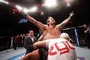LAS VEGAS, NV - MAY 26:  Jamie Varner reacts to his knockout victory of Edson Barboza during a lightweight bout at UFC 146 at MGM Grand Garden Arena on May 26, 2012 in Las Vegas, Nevada.  (Photo by Donald Miralle/Zuffa LLC/Zuffa LLC via Getty Images)