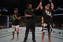 LAS VEGAS, NV - MAY 26:  Darren Elkins (R) is declared the winner in his fight against Diego Brandao during a featherweight bout at UFC 146 at MGM Grand Garden Arena on May 26, 2012 in Las Vegas, Nevada.  (Photo by Donald Miralle/Zuffa LLC/Zuffa LLC via Getty Images)