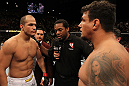 LAS VEGAS, NV - MAY 26:  Junior dos Santos (left) and Frank Mir (right) faceoff before the Heavyweight Championship bout at UFC 146 at MGM Grand Garden Arena on May 26, 2012 in Las Vegas, Nevada.  (Photo by Josh Hedges/Zuffa LLC/Zuffa LLC via Getty Images)