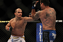 LAS VEGAS, NV - MAY 26:  (L-R) Junior dos Santos punches Frank Mir during the Heavyweight Championship bout at UFC 146 at MGM Grand Garden Arena on May 26, 2012 in Las Vegas, Nevada.  (Photo by Josh Hedges/Zuffa LLC/Zuffa LLC via Getty Images)