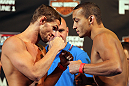 LAS VEGAS, NV - MAY 31:   (L-R) Opponents Daron Cruickshank and Chris Tickle face off after making weight during The Ultimate Fighter Live weigh in at the Palms Casino Resort on May 31, 2012 in Las Vegas, Nevada.  (Photo by Josh Hedges/Zuffa LLC/Zuffa LLC via Getty Images)  *** Local Caption *** Daron Cruickshank; Chris Tickle