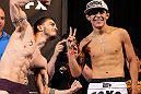 LAS VEGAS, NV - MAY 31:   (L-R) Opponents John Albert and Erik Perez face off after making weight during The Ultimate Fighter Live weigh in at the Palms Casino Resort on May 31, 2012 in Las Vegas, Nevada.  (Photo by Josh Hedges/Zuffa LLC/Zuffa LLC via Getty Images)  *** Local Caption *** John Albert; Erik Perez