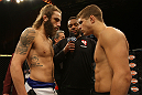 LAS VEGAS, NV - JUNE 01:   (L-R) Michael Chiesa and Al Iaquinta face off before their Lightweight bout during The Ultimate Fighter Live Finale at the Pearl Theater at the Palms Casino Resort on June 1, 2012 in Las Vegas, Nevada.  (Photo by Josh Hedges/Zuffa LLC/Zuffa LLC via Getty Images)  *** Local Caption *** Al Iaquinta; Michael Chiesa