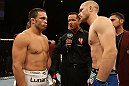 LAS VEGAS, NV - JUNE 01:   (L-R) Jake Ellenberger and Martin Kampmann face off before their welterweight bout during The Ultimate Fighter Live Finale at the Pearl Theater at the Palms Casino Resort on June 1, 2012 in Las Vegas, Nevada.  (Photo by Josh Hedges/Zuffa LLC/Zuffa LLC via Getty Images)  *** Local Caption *** Jake Ellenberger; Martin Kampmann
