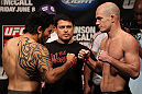 SUNRISE, FL - JUNE 07:   (L-R) Opponents Henry Martinez and Bernardo Magalhaes face off after making weight during the UFC on FX 3 official weigh in at Bank Atlantic Center on June 7, 2012 in Sunrise, Florida.  (Photo by Josh Hedges/Zuffa LLC/Zuffa LLC via Getty Images)