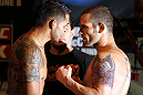 SUNRISE, FL - JUNE 07:   (L-R) Featherweight opponents Leonard Garcia and Matt Grice face off after making weight during the UFC on FX 3 official weigh in at Bank Atlantic Center on June 7, 2012 in Sunrise, Florida.  (Photo by Josh Hedges/Zuffa LLC/Zuffa LLC via Getty Images)