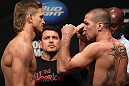 SUNRISE, FL - JUNE 07:   (L-R) Welterweight opponents Mike Pyle and Josh Neer face off after making weight during the UFC on FX 3 official weigh in at Bank Atlantic Center on June 7, 2012 in Sunrise, Florida.  (Photo by Josh Hedges/Zuffa LLC/Zuffa LLC via Getty Images)