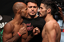 SUNRISE, FL - JUNE 07:   (L-R) Featherweight opponents Demetrious Johnson and Ian McCall face off after making weight during the UFC on FX 3 official weigh in at Bank Atlantic Center on June 7, 2012 in Sunrise, Florida.  (Photo by Josh Hedges/Zuffa LLC/Zuffa LLC via Getty Images)