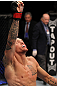 SUNRISE, FL - JUNE 08:   Dustin Pague reacts after submitting Jared Papazian with a rear choke in Bantamweight bout during the UFC on FX 3 event at Bank Atlantic Center on June 8, 2012 in Sunrise, Florida.  (Photo by Josh Hedges/Zuffa LLC/Zuffa LLC via Getty Images)
