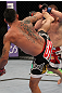 SUNRISE, FL - JUNE 08:   (L-R) Leonard Garcia kicks Matt Grice in Featherweight bout during the UFC on FX 3 event at Bank Atlantic Center on June 8, 2012 in Sunrise, Florida.  (Photo by Josh Hedges/Zuffa LLC/Zuffa LLC via Getty Images)