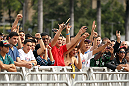 BELO HORIZONTE, BRAZIL - JUNE 20:   Fans cheer during the UFC 147 open workouts at Praca da Estacao on June 20, 2012 in Belo Horizonte, Brazil.  (Photo by Josh Hedges/Zuffa LLC/Zuffa LLC via Getty Images)