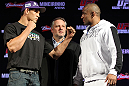 BELO HORIZONTE, BRAZIL - JUNE 21:   (L-R) Opponents Cezar "Mutante" Ferreira and Sergio "Serginho" Moraes face off during the UFC 147 press conference at Ouro Minas Palace on June 21, 2012 in Belo Horizonte, Brazil.  (Photo by Josh Hedges/Zuffa LLC/Zuffa LLC via Getty Images)