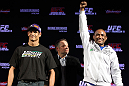 BELO HORIZONTE, BRAZIL - JUNE 21:   (L-R) Opponents Cezar "Mutante" Ferreira and Sergio "Serginho" Moraes pose for photos during the UFC 147 press conference at Ouro Minas Palace on June 21, 2012 in Belo Horizonte, Brazil.  (Photo by Josh Hedges/Zuffa LLC/Zuffa LLC via Getty Images)