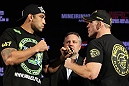 BELO HORIZONTE, BRAZIL - JUNE 21:   (L-R) Heavyweight opponents Fabricio Werdum and Mike Russow face off during the UFC 147 press conference at Ouro Minas Palace on June 21, 2012 in Belo Horizonte, Brazil.  (Photo by Josh Hedges/Zuffa LLC/Zuffa LLC via Getty Images)