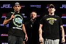 BELO HORIZONTE, BRAZIL - JUNE 21:   (L-R) Heavyweight opponents Fabricio Werdum and Mike Russow pose for photos during the UFC 147 press conference at Ouro Minas Palace on June 21, 2012 in Belo Horizonte, Brazil.  (Photo by Josh Hedges/Zuffa LLC/Zuffa LLC via Getty Images)