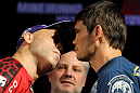BELO HORIZONTE, BRAZIL - JUNE 21:   (L-R) Opponents Wanderlei Silva and Rich Franklin face off during the UFC 147 press conference at Ouro Minas Palace on June 21, 2012 in Belo Horizonte, Brazil.  (Photo by Josh Hedges/Zuffa LLC/Zuffa LLC via Getty Images)
