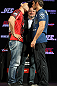BELO HORIZONTE, BRAZIL - JUNE 21:   (L-R) Opponents Wanderlei Silva and Rich Franklin face off during the UFC 147 press conference at Ouro Minas Palace on June 21, 2012 in Belo Horizonte, Brazil.  (Photo by Josh Hedges/Zuffa LLC/Zuffa LLC via Getty Images)