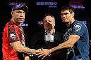 BELO HORIZONTE, BRAZIL - JUNE 21:   (L-R) Opponents Wanderlei Silva and Rich Franklin shake hands during the UFC 147 press conference at Ouro Minas Palace on June 21, 2012 in Belo Horizonte, Brazil.  (Photo by Josh Hedges/Zuffa LLC/Zuffa LLC via Getty Images)