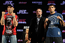 BELO HORIZONTE, BRAZIL - JUNE 21:   (L-R) Opponents Wanderlei Silva and Rich Franklin pose for photos during the UFC 147 press conference at Ouro Minas Palace on June 21, 2012 in Belo Horizonte, Brazil.  (Photo by Josh Hedges/Zuffa LLC/Zuffa LLC via Getty Images)