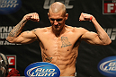ATLANTIC CITY, NJ - JUNE 21:  Dustin Pague flexes after making weight during the UFC on FX official weigh in at Revel Casino on June 21, 2012 in Atlantic City, New Jersey.  (Photo by Nick Laham/Zuffa LLC/Zuffa LLC via Getty Images)