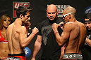ATLANTIC CITY, NJ - JUNE 21: (L-R) Bantamweight opponents Ken Stone and Dustin Pague face off after making weight during the UFC on FX official weigh in at Revel Casino on June 21, 2012 in Atlantic City, New Jersey.  (Photo by Nick Laham/Zuffa LLC/Zuffa LLC via Getty Images)