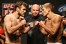 ATLANTIC CITY, NJ - JUNE 21: (L-R) Welterweight opponents Dan Miller and Ricardo Funch face off  during the UFC on FX official weigh in at Revel Casino on June 21, 2012 in Atlantic City, New Jersey.  (Photo by Nick Laham/Zuffa LLC/Zuffa LLC via Getty Images)
