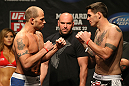 ATLANTIC CITY, NJ - JUNE 21: Middleweight opponents Nick Catone  and Chris Camozzi face off after making weight during the UFC on FX official weigh in at Revel Casino on June 21, 2012 in Atlantic City, New Jersey.  (Photo by Nick Laham/Zuffa LLC/Zuffa LLC via Getty Images)