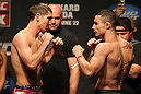 ATLANTIC CITY, NJ - JUNE 21: (L-R) Featherweight opponents Steven Siler and Joey Gambino face off after making weight during the UFC on FX official weigh in at Revel Casino on June 21, 2012 in Atlantic City, New Jersey.  (Photo by Nick Laham/Zuffa LLC/Zuffa LLC via Getty Images)