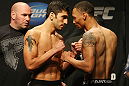 ATLANTIC CITY, NJ - JUNE 21: (L-R) Lightweight opponents Ramsey Nijem and C.J. Keith face off during the UFC on FX official weigh in at Revel Casino on June 21, 2012 in Atlantic City, New Jersey.  (Photo by Nick Laham/Zuffa LLC/Zuffa LLC via Getty Images)