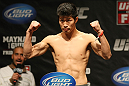ATLANTIC CITY, NJ - JUNE 21: Hatsu Hioki flexes after making weight during the UFC on FX official weigh in at Revel Casino on June 21, 2012 in Atlantic City, New Jersey.  (Photo by Nick Laham/Zuffa LLC/Zuffa LLC via Getty Images)