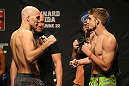 ATLANTIC CITY, NJ - JUNE 21: (L-R) Welterweight opponents Brian Ebersole and TJ Waldburger face off after making weight during the UFC on FX official weigh in at Revel Casino on June 21, 2012 in Atlantic City, New Jersey.  (Photo by Nick Laham/Zuffa LLC/Zuffa LLC via Getty Images)