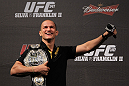 BELO HORIZONTE, BRAZIL - JUNE 22:  UFC Heavyweight Champion Junior dos Santos interacts with fans during a Q&A session before the UFC 147 weigh in at Est&Atilde;&iexcl;dio Jornalista Felipe Drummond on June 22, 2012 in Belo Horizonte, Brazil.  (Photo by Josh Hedges/Zuffa LLC/Zuffa LLC via Getty Images)