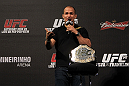 BELO HORIZONTE, BRAZIL - JUNE 22:  UFC Heavyweight Champion Junior dos Santos interacts with fans during a Q&A session before the UFC 147 weigh in at Est&Atilde;&iexcl;dio Jornalista Felipe Drummond on June 22, 2012 in Belo Horizonte, Brazil.  (Photo by Josh Hedges/Zuffa LLC/Zuffa LLC via Getty Images)