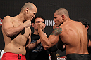 BELO HORIZONTE, BRAZIL - JUNE 22:   (L-R) Opponents Thiago Perpetuo and Leonardo Mafra face off after making weight during the UFC 147 weigh in at Est&Atilde;&iexcl;dio Jornalista Felipe Drummond on June 22, 2012 in Belo Horizonte, Brazil.  (Photo by Josh Hedges/Zuffa LLC/Zuffa LLC via Getty Images)