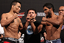 BELO HORIZONTE, BRAZIL - JUNE 22:   (L-R) Opponents John Teixeira and Hugo "Wolverine" Viana face off after weighing in during the UFC 147 weigh in at Est&Atilde;&iexcl;dio Jornalista Felipe Drummond on June 22, 2012 in Belo Horizonte, Brazil.  (Photo by Josh Hedges/Zuffa LLC/Zuffa LLC via Getty Images)