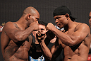 BELO HORIZONTE, BRAZIL - JUNE 22:   (L-R) Opponents Delson Heleno and Francisco Trinaldo face off  during the UFC 147 weigh in at Est&Atilde;&iexcl;dio Jornalista Felipe Drummond on June 22, 2012 in Belo Horizonte, Brazil.  (Photo by Josh Hedges/Zuffa LLC/Zuffa LLC via Getty Images)