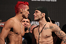 BELO HORIZONTE, BRAZIL - JUNE 22:   (L-R) Opponents Godofredo Pepey and Rony "Jason" Mariano Bezerra face off after making weight during the UFC 147 weigh in at Estadio Jornalista Felipe Drummond on June 22, 2012 in Belo Horizonte, Brazil.  (Photo by Josh Hedges/Zuffa LLC/Zuffa LLC via Getty Images)