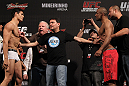 BELO HORIZONTE, BRAZIL - JUNE 22:   (L-R) Cezar "Mutante" Ferreira and Sergio "Serginho" Moraes are separated after making weight during the UFC 147 weigh in at Estadio Jornalista Felipe Drummond on June 22, 2012 in Belo Horizonte, Brazil.  (Photo by Josh Hedges/Zuffa LLC/Zuffa LLC via Getty Images)