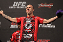 BELO HORIZONTE, BRAZIL - JUNE 22:   Wanderlei Silva salutes the crowd before weighing in during the UFC 147 weigh in at Estadio Jornalista Felipe Drummond on June 22, 2012 in Belo Horizonte, Brazil.  (Photo by Josh Hedges/Zuffa LLC/Zuffa LLC via Getty Images)
