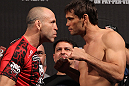 BELO HORIZONTE, BRAZIL - JUNE 22:   (L-R) Opponents Wanderlei Silva and Rich Franklin face off after making weight during the UFC 147 weigh in at Estadio Jornalista Felipe Drummond on June 22, 2012 in Belo Horizonte, Brazil.  (Photo by Josh Hedges/Zuffa LLC/Zuffa LLC via Getty Images)