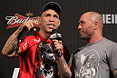 BELO HORIZONTE, BRAZIL - JUNE 22:   (L-R) Wanderlei Silva is interviewed by Joe Rogan after making weight during the UFC 147 weigh in at Estadio Jornalista Felipe Drummond on June 22, 2012 in Belo Horizonte, Brazil.  (Photo by Josh Hedges/Zuffa LLC/Zuffa LLC via Getty Images)