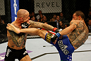 ATLANTIC CITY, NJ - JUNE 22:  Cub Swanson (R) kicks Ross Pearson (L) in a featherweight bout during UFC on FX 4 at Revel Casino on June 22, 2012 in Atlantic City, New Jersey.  (Photo by Nick Laham/Zuffa LLC/Zuffa LLC)
