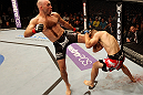ATLANTIC CITY, NJ - JUNE 22: Brian Ebersole (L) kicks T.J. Waldburger (R) in a welterweight bout during UFC on FX 4 at Revel Casino on June 22, 2012 in Atlantic City, New Jersey.  (Photo by Nick Laham/Zuffa LLC/Zuffa LLC)