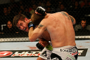 ATLANTIC CITY, NJ - JUNE 22:  Sam Stout (L) punches Spencer Fisher (R) in a lightweight bout during UFC on FX 4 at Revel Casino on June 22, 2012 in Atlantic City, New Jersey.  (Photo by Nick Laham/Zuffa LLC/Zuffa LLC)