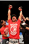 ATLANTIC CITY, NJ - JUNE 22:  Sam Stout celebrates his win by unanimous decision over Spencer Fisher (not pictured)  in their lightweight bout during UFC on FX 4 at Revel Casino on June 22, 2012 in Atlantic City, New Jersey.  (Photo by Nick Laham/Zuffa LLC/Zuffa LLC)